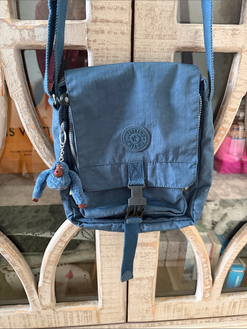 Kipling Denim Blue Nylon Crossbody with Monkey Charm